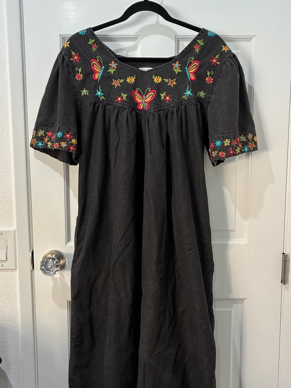 Embroidered Black Midi Dress with Butterfly Detail